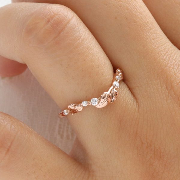 Floral Leaf Diamond Wedding Ring in U Shaped Contour Band Fashion