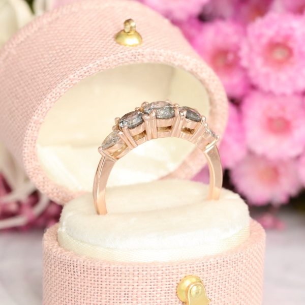 1.33 Ct Salt and Pepper Diamond Ring in 14k Rose Gold 5 Stone Cluster Ring Size 6.5 For Sale