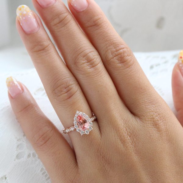 Large Pear Peach Sapphire Ring in 14k Rose Gold Tiara Halo Diamond Band, Size 6.25 on Sale