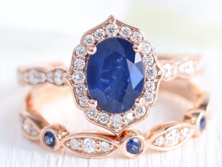 Vintage Floral Oval Ring Bridal Set w  Natural Sapphire and Bezel Diamond Band Online Sale