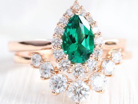 Tiara Halo Pear Ring Bridal Set w  Emerald and Large 7 Diamond U Band Discount