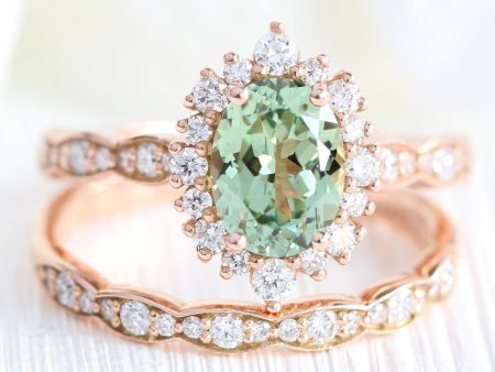 Tiara Halo Ring Set in Scalloped Band w  Oval Sea Foam Green Sapphire and Diamond Sale