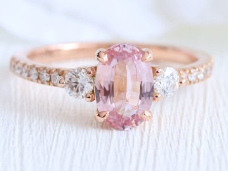 1.69 Ct Natural Padparadscha Sapphire Ring in 14k Rose Gold 3 Stone Diamond, Size 6.5 on Sale