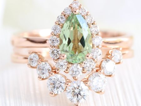 Tiara Halo Pear Ring Bridal Set w  Green Sapphire and Large 7 Diamond U Band Cheap