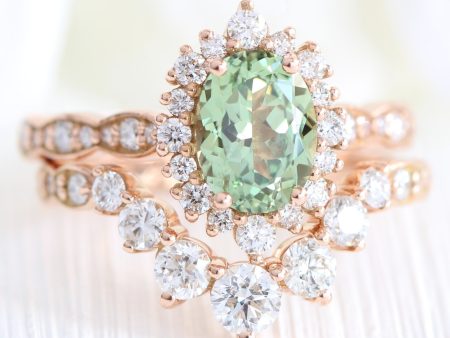 Tiara Halo Oval Scalloped Ring Set w  Green Sapphire and Large 7 Diamond U Band Online now