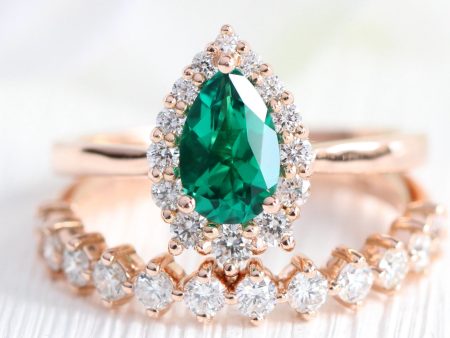 Tiara Halo Pear Ring Bridal Set w  Emerald and 4 Prong Diamond Band Online Hot Sale