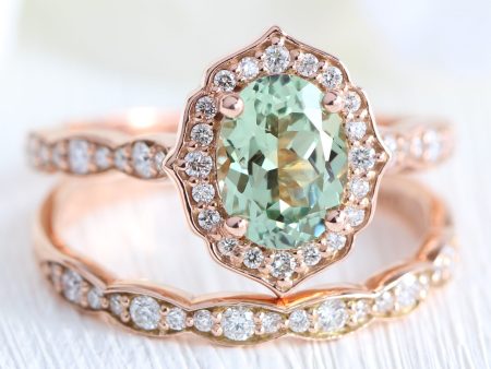 Vintage Floral Oval Ring Bridal Set w  Sea Foam Green Sapphire and Diamond For Cheap