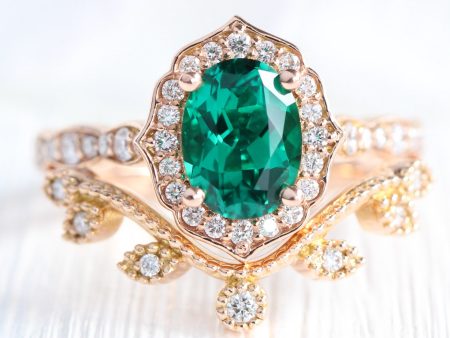 Vintage Floral Oval Ring Bridal Set w  Emerald and Curved Leaf Diamond Band Hot on Sale