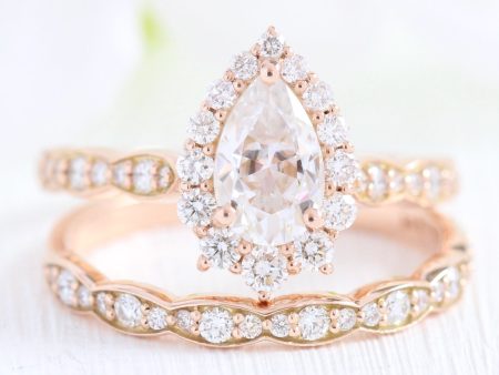 Tiara Halo Scalloped Ring Set w  Pear Moissanite and Matching Diamond Band on Sale