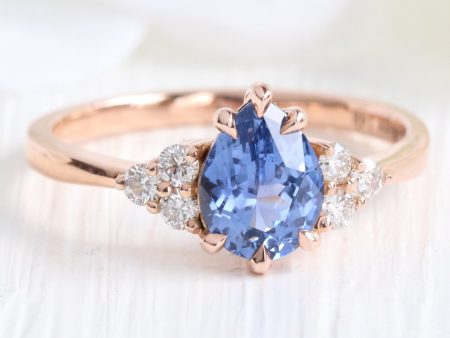 1.34 Ct Pear Ceylon Blue Sapphire Ring in 14k Rose Gold 3 Diamond Ring, Size 6.25 Sale