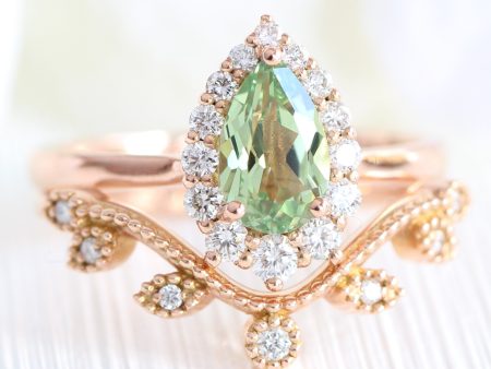 Tiara Halo Pear Ring Bridal Set w  Green Sapphire and Curved Leaf Diamond Band For Cheap