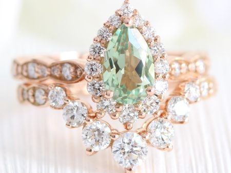 Tiara Halo Pear Ring Bridal Set w  Green Sapphire and Large 7 Diamond Scalloped Band Sale