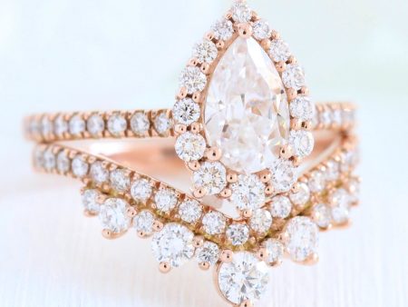 Tiara Halo Pave Ring Bridal Set w  Pear Moissanite and Large Tiara Diamond Band Online Hot Sale