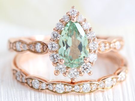 Tiara Halo Ring Set in Scalloped Band w  Pear Sea Foam Green Sapphire and Diamond on Sale