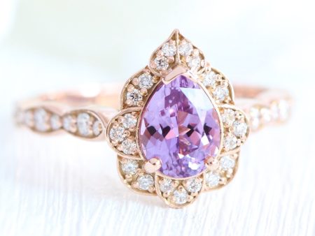 1.5 Ct Pear Pinkish Purple Sapphire Ring in 14k Rose Gold Vintage Floral Diamond, Size 6.25 Online now