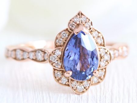 1.65 Ct Bluish Purple Sapphire Ring in 14k Rose Gold Vintage Floral Diamond, Size 6.25 For Discount