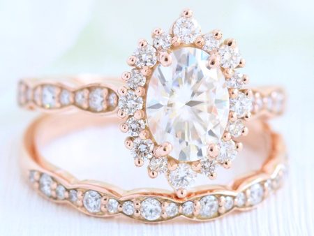 Tiara Halo Scalloped Ring Set w  Oval Moissanite and Matching Diamond Band For Cheap