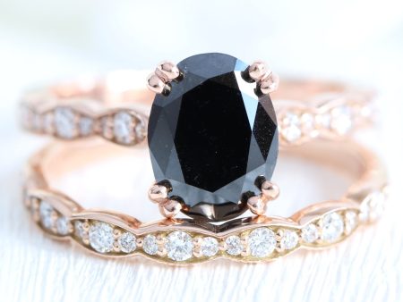 Grace Solitaire Black Diamond Ring Set w  Oval Diamond and Matching Wedding Band Hot on Sale