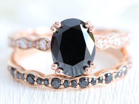 Grace Solitaire Black Diamond Ring Set w  Matching Diamond Scalloped Wedding Band Hot on Sale