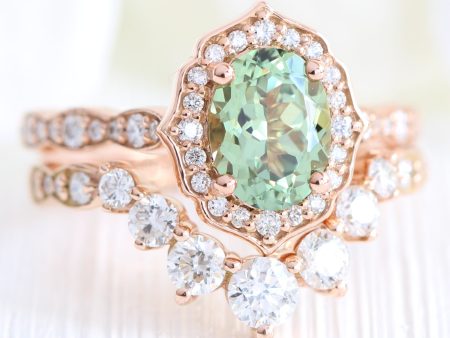 Vintage Floral Oval Ring Bridal Set w  Green Sapphire and Large 7 Diamond Scalloped Band Online Hot Sale